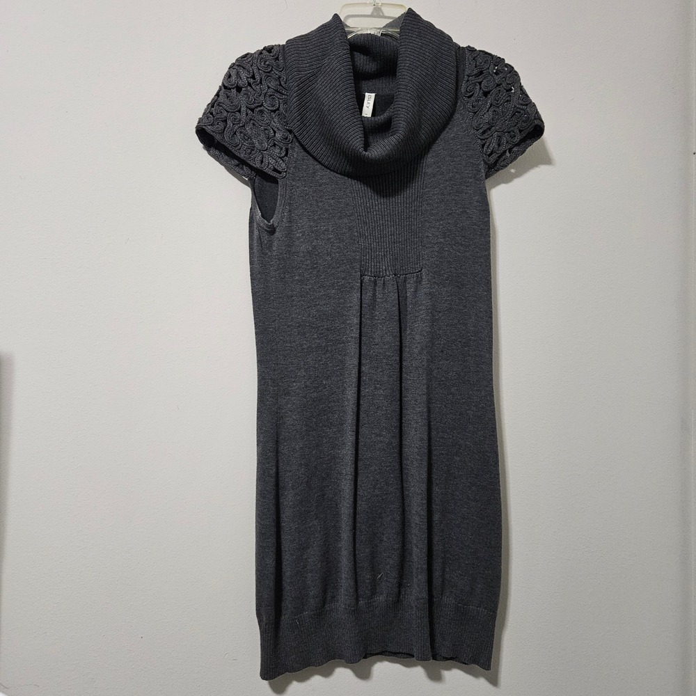 Y2K Esley Gray Cowl Neck Sweater Dress Crochet Rosette Short Sleeve Knit Size M